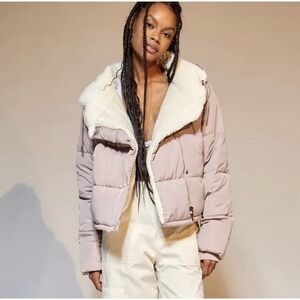 BDG Marlowe Sherpa Lined Puffer Jacket Pink Blush Large Faux Shearling Collar
